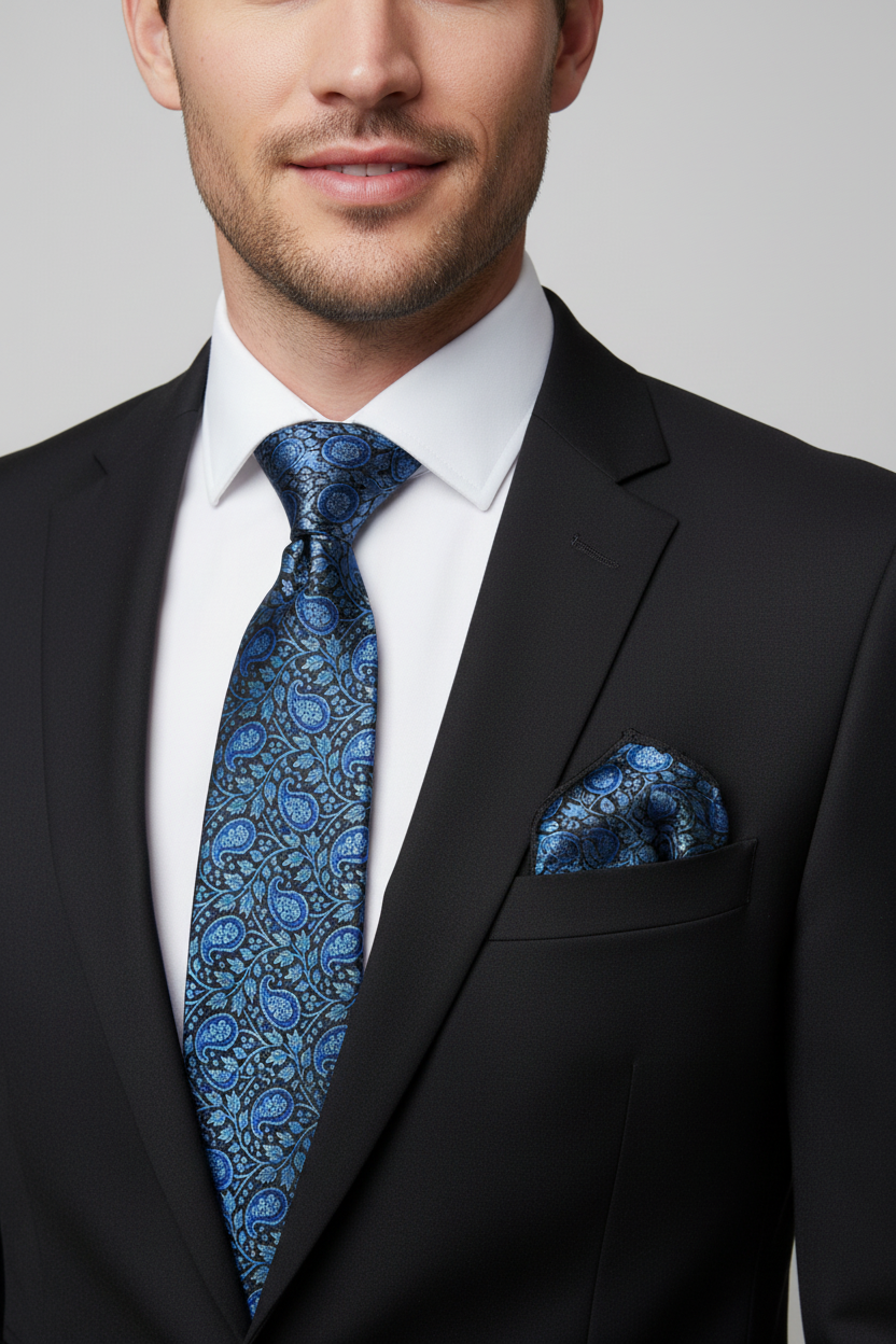 Male model wearing a matching black and blue paisley satin necktie and pocket square set