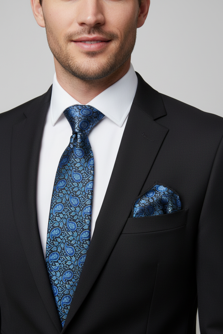 Male model wearing a matching black and blue paisley satin necktie and pocket square set