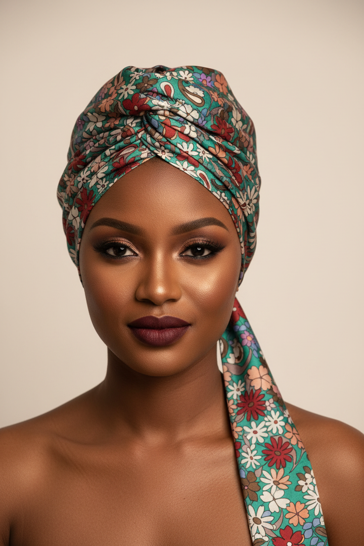 African model wearing a paisley floral charmeuse satin head wrap turban scarf