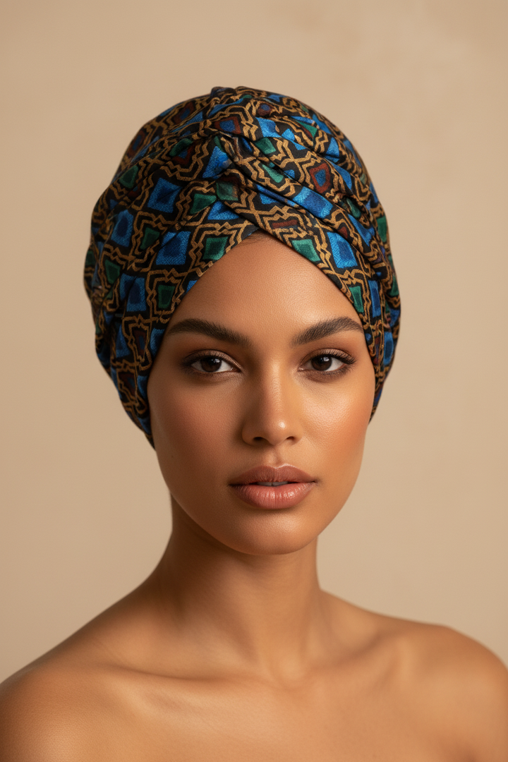 Model wearing a geometric squares charmeuse satin head wrap turban