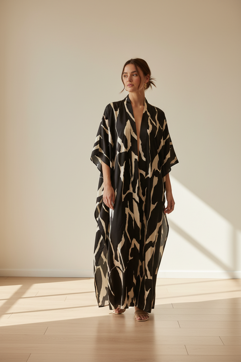 Casual robe kaftan in black and off-white abstract print silky satin charmeuse