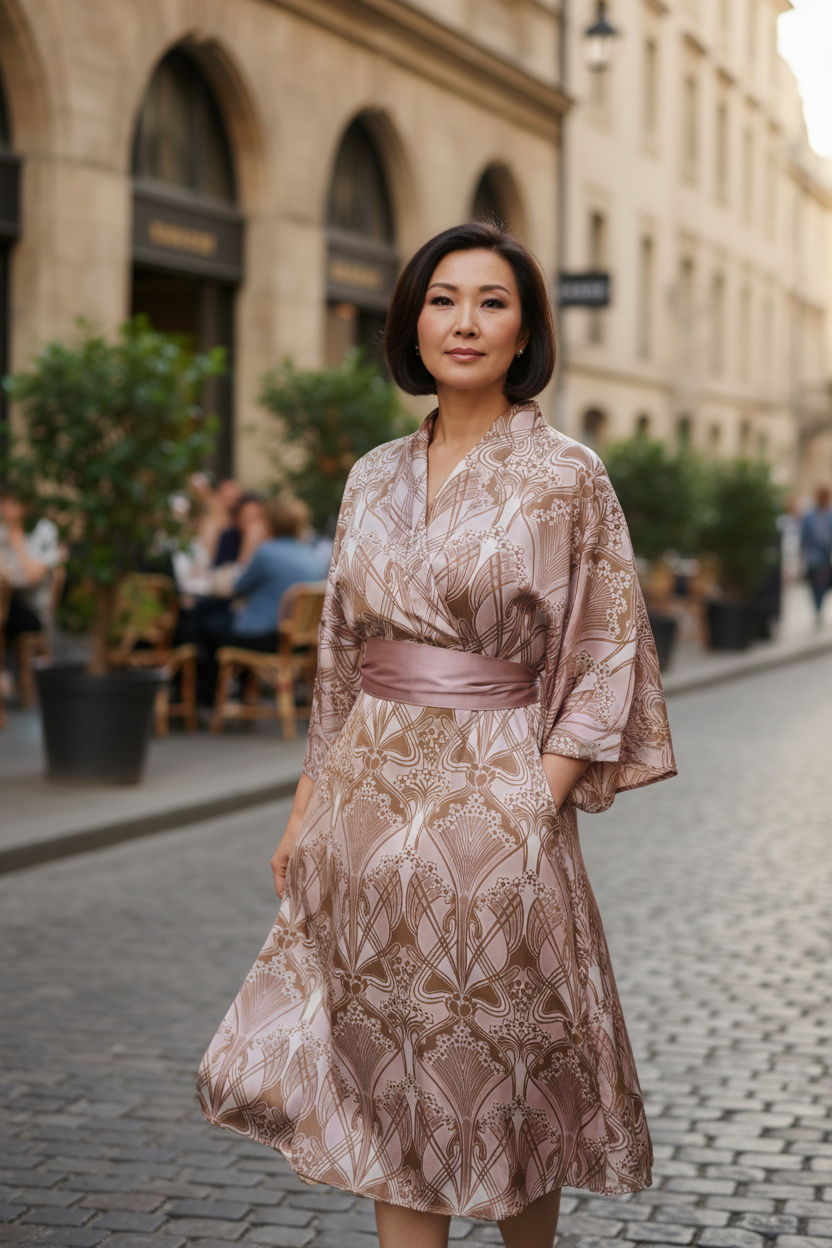 Middle-aged woman wearing a modern kimono in dusty pink and taupe floral satin charmeuse fabric in an outdoor city setting