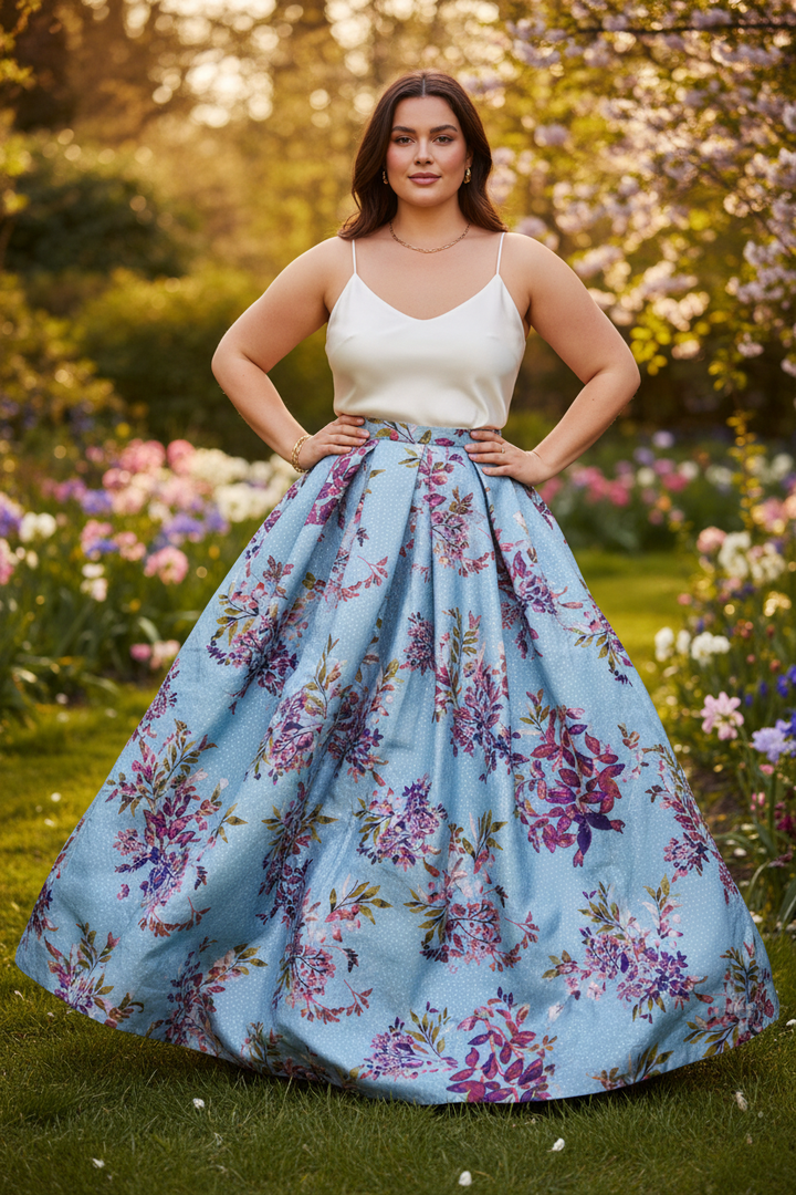 Full length flowy maxi skirt in light blue and pink floral jacquard satin on a plus size model in a spring outdoor setting