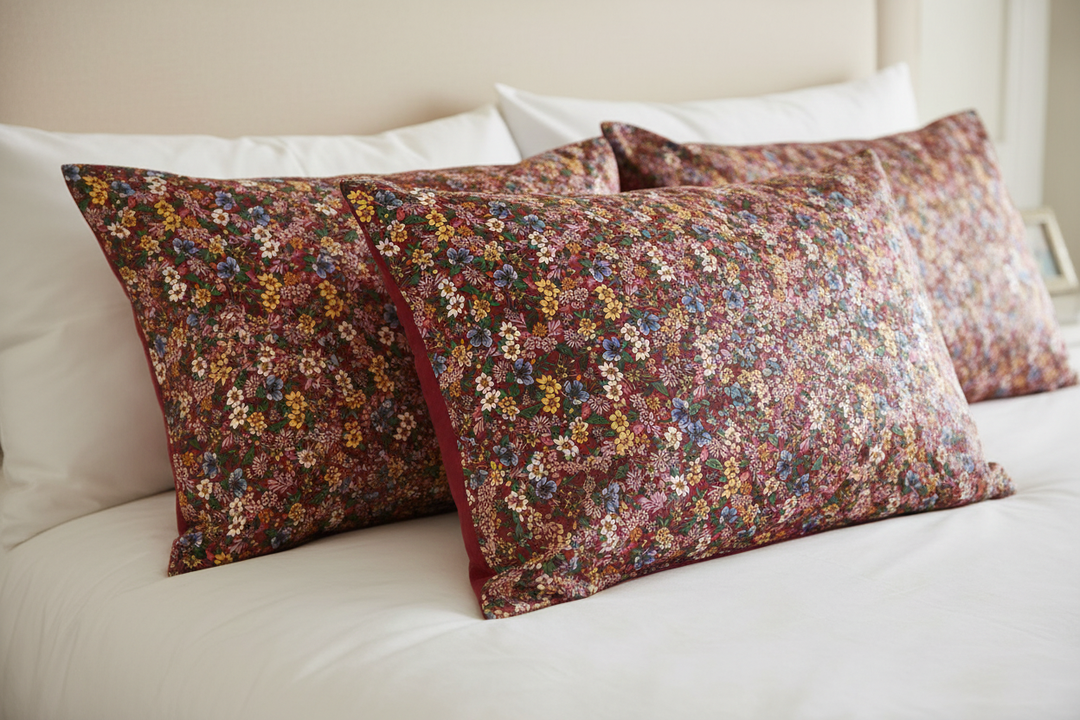 Set of satin pillowcases made from burgundy small colorful floral charmeuse satin fabric styled on a luxurious bed