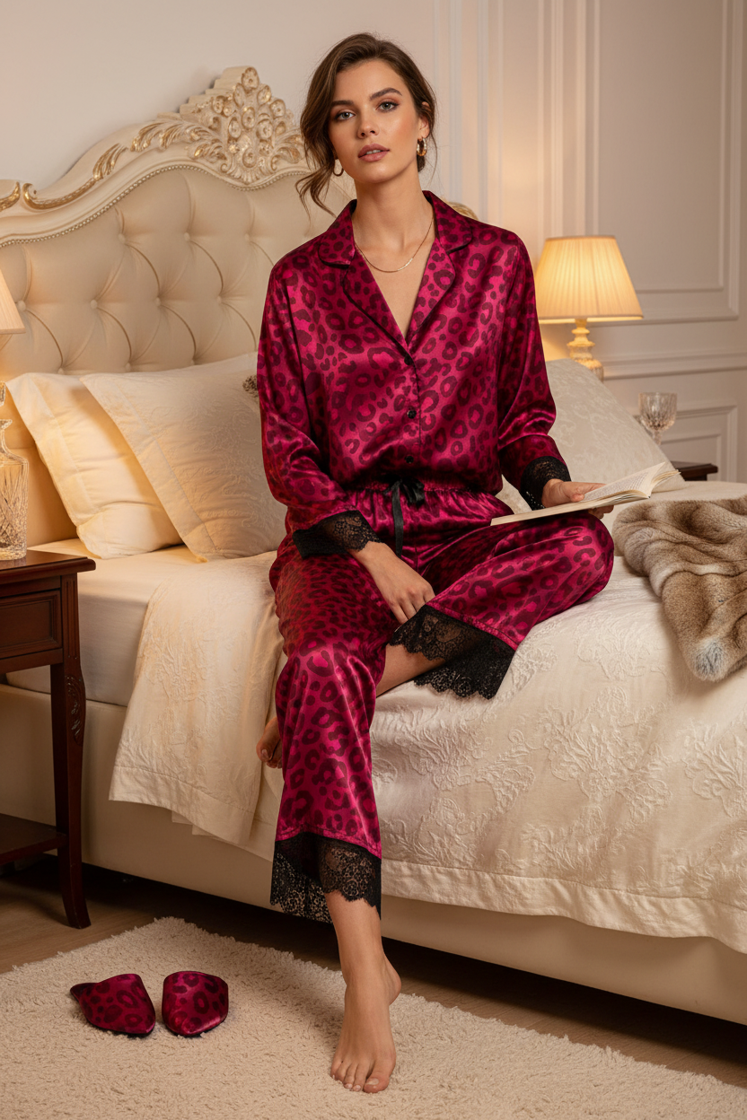 Female model wearing a luxurious cheetah print faux silk charmeuse satin fancy pajama set in an elegant boudoir setting