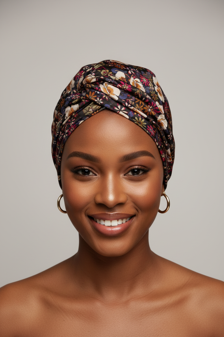 Young African woman wearing a doek head wrap made from black and ivory small floral charmeuse satin fabric