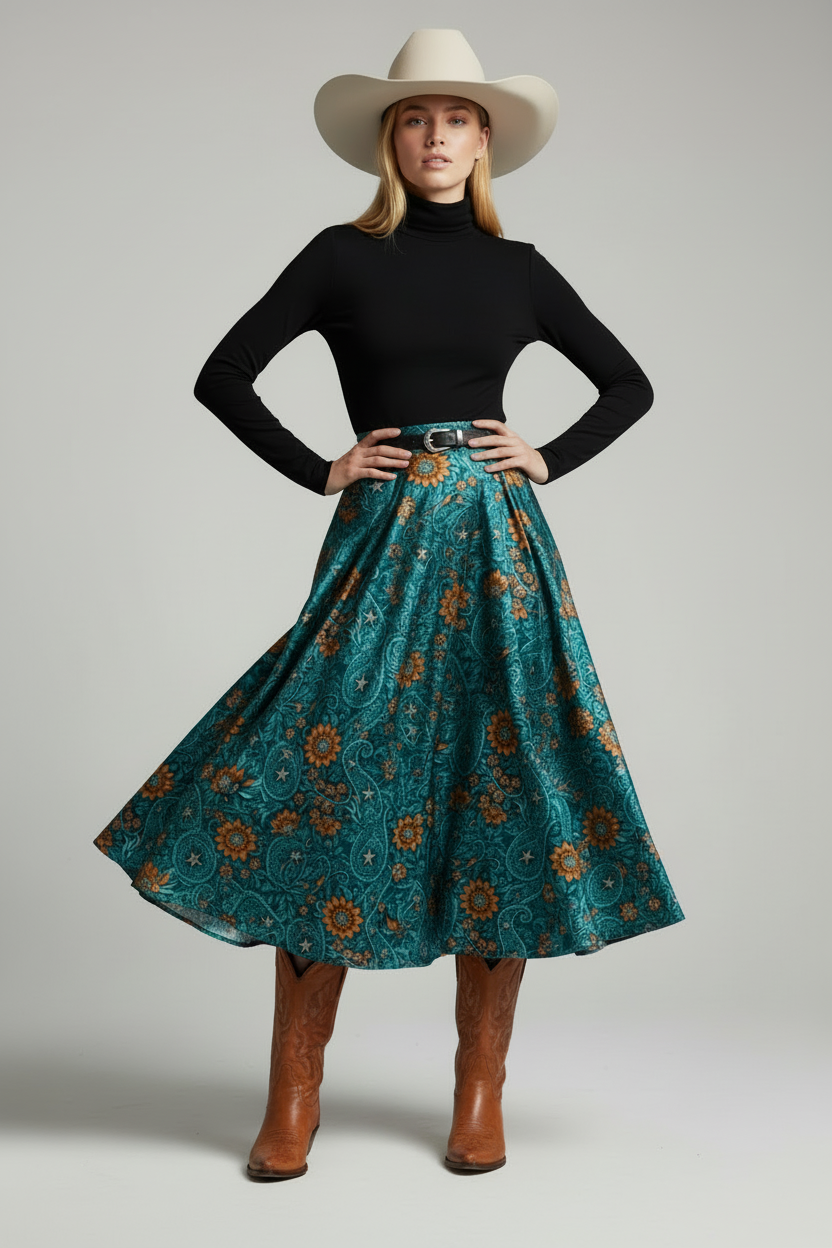 Modern western cowgirl wearing a turquoise and orange paisley satin skirt with boots and hat