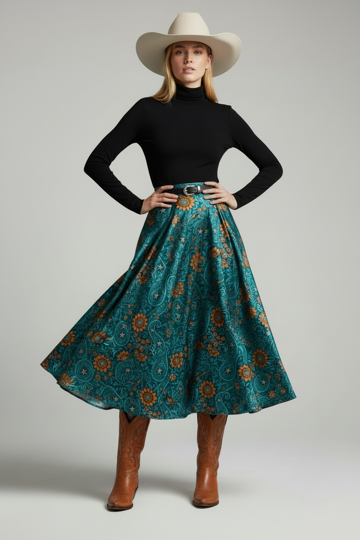 Modern western cowgirl wearing a turquoise and orange paisley satin skirt with boots and hat
