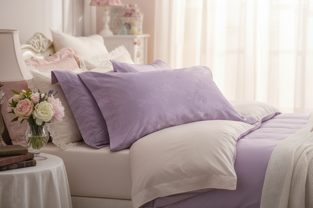 Luxury pillowcases styled on a soft opulent feminine bedroom