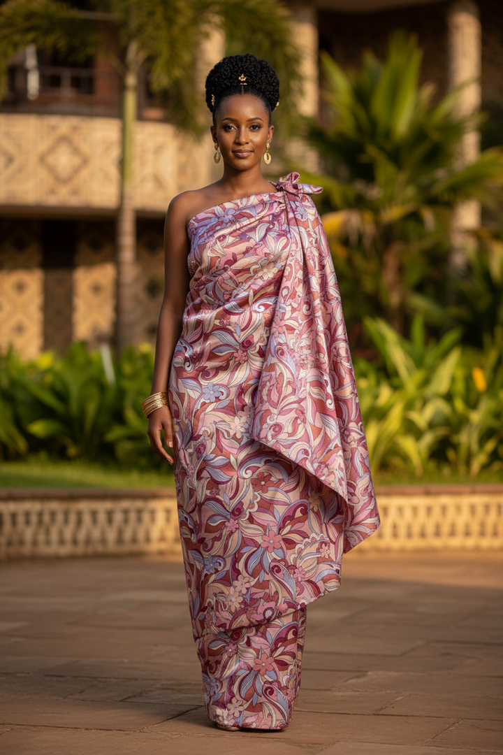 African model wearing an elegant mushanana in pink burgundy lavender paisley satin charmeuse fabric