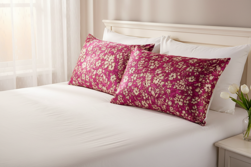 Set of two satin pillowcases made from raspberry floral print charmeuse satin fabric styled on a luxurious bed