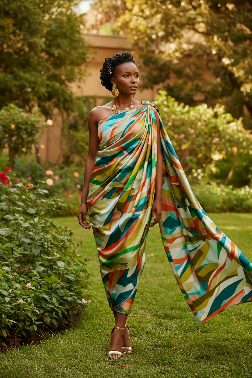 African model wearing a Rwandan Mushanana dress in colorful geometric print faux silk charmeuse satin in an outdoor setting