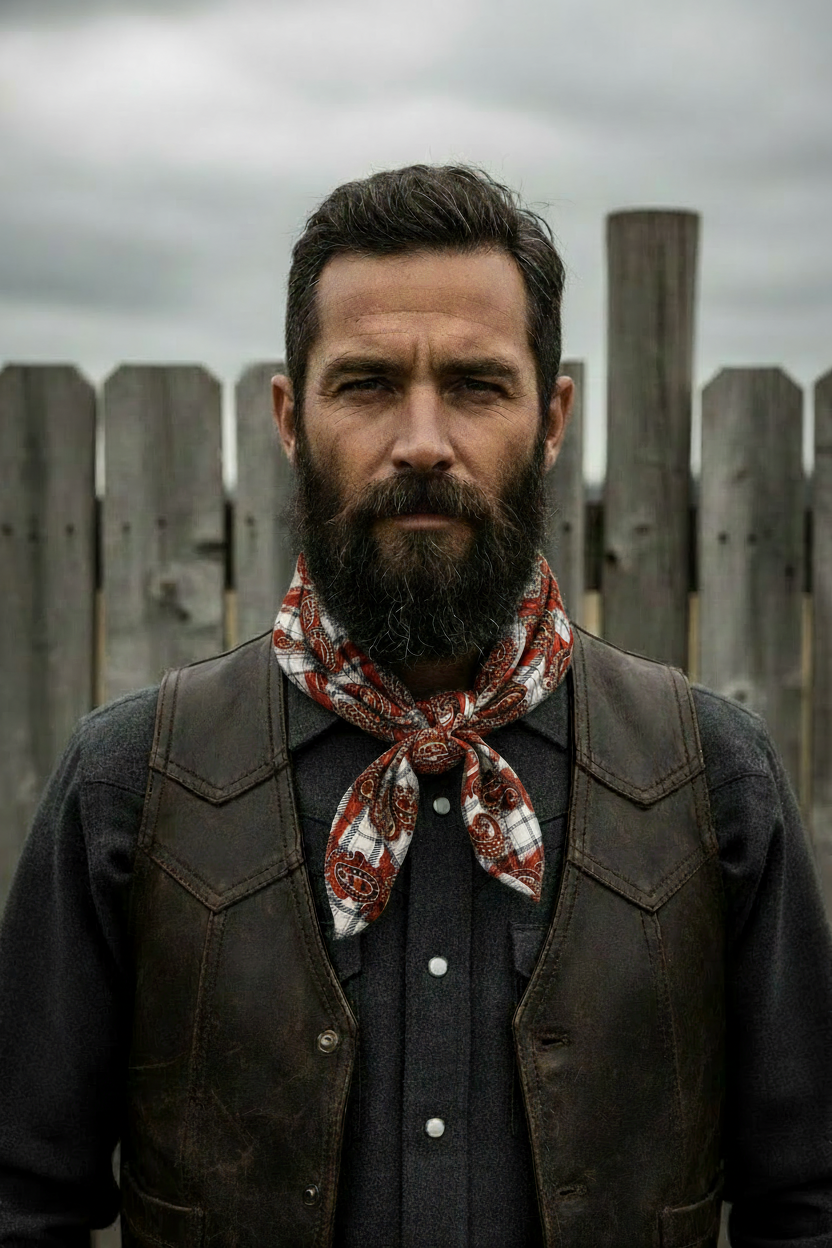 Male cowboy wearing wild rag in black and orange paisley plaid charmeuse satin tied in square knot, outdoor western setting