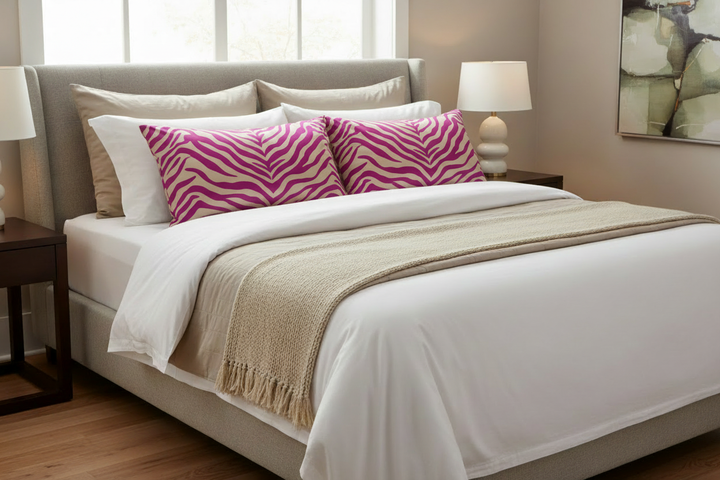 Modern bed with two matching animal print faux silk charmeuse satin pillowcases