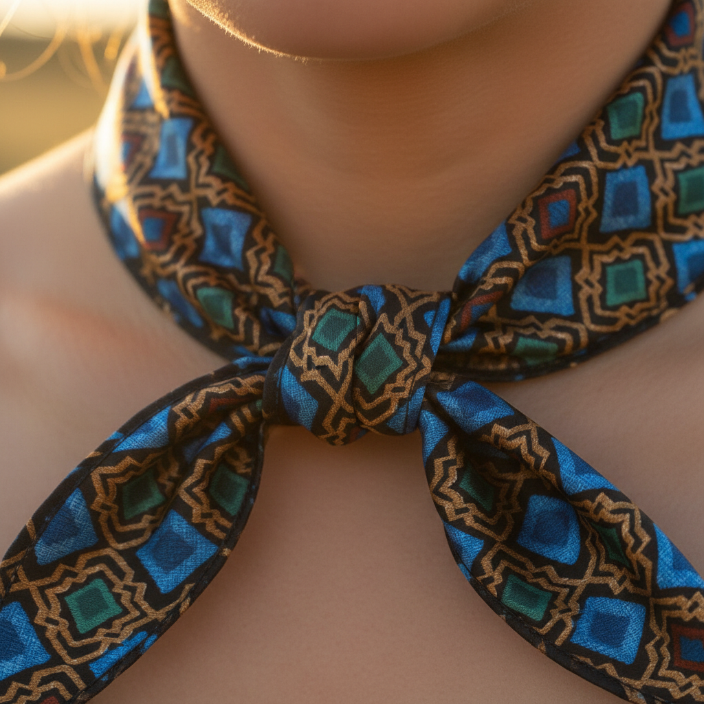 Close-up of a wild rag tied in a knot in geometric squares charmeuse satin fabric
