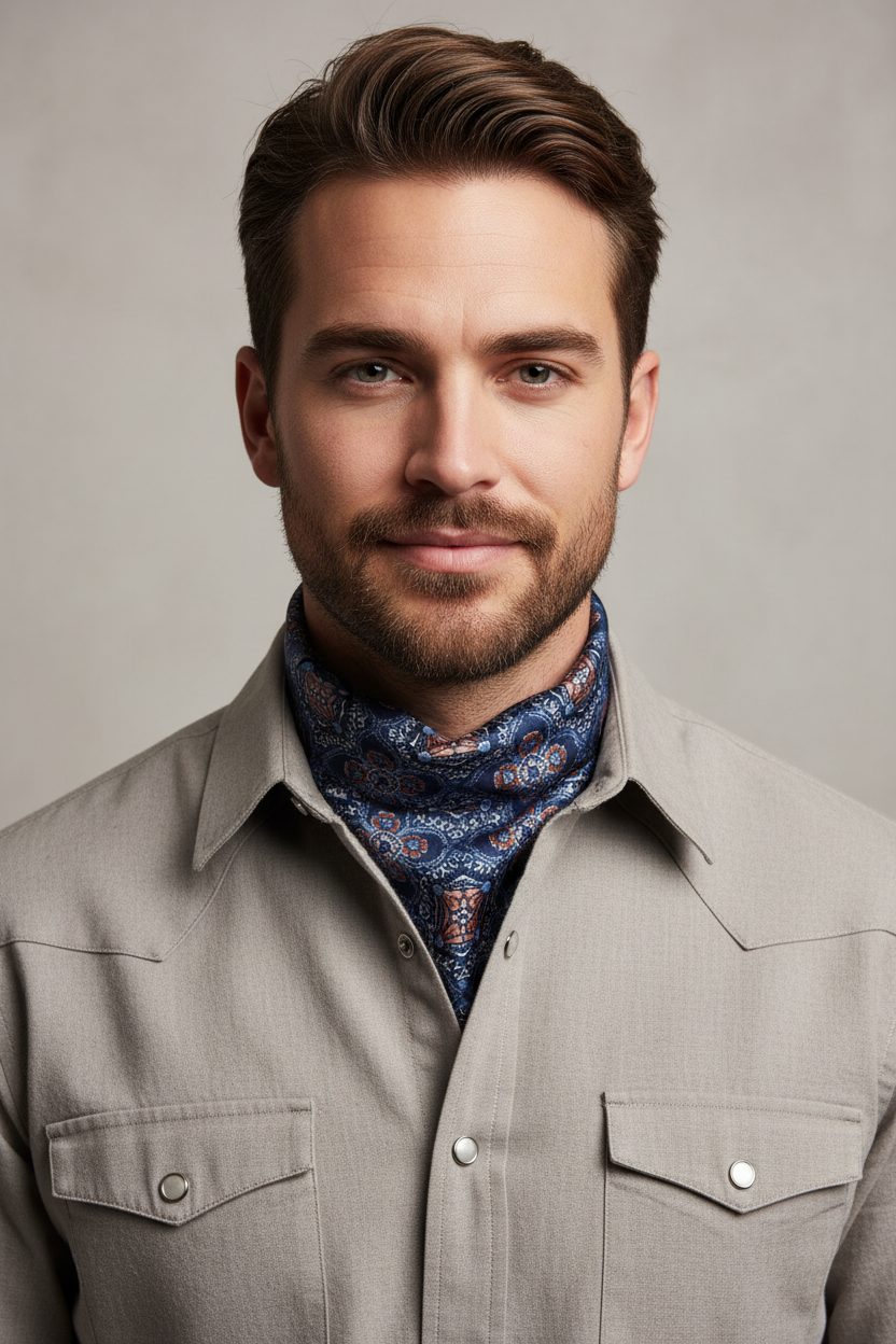Male model wearing wild rag in tribal boho blue orange medallion print tucked into western shirt
