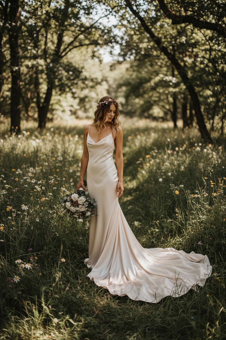 Bohemian bride wearing a fluid lightweight ivory satin slip dress outdoors