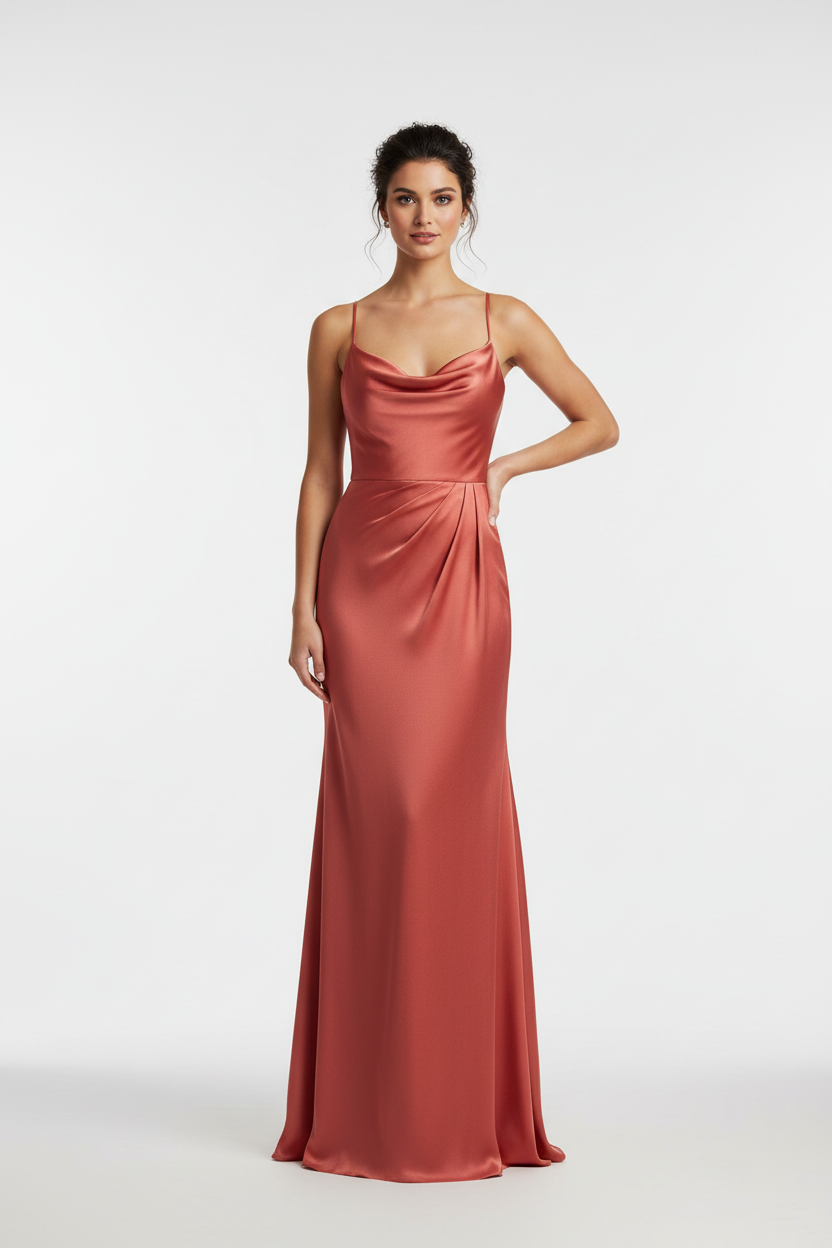 Model wearing a deep coral silk charmeuse bridesmaid dress, studio photography