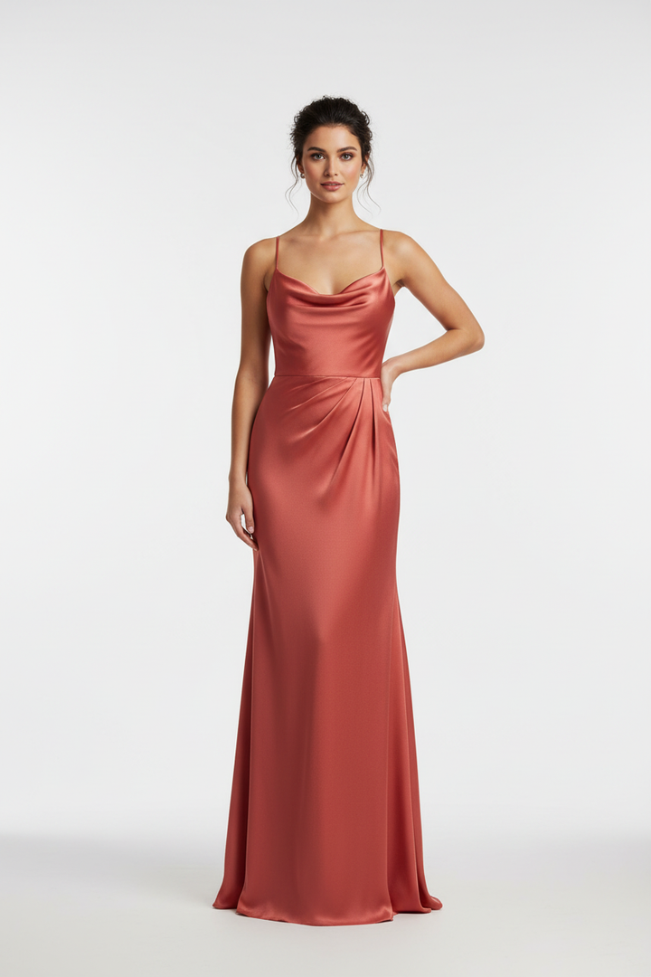 Model wearing a deep coral silk charmeuse bridesmaid dress, studio photography