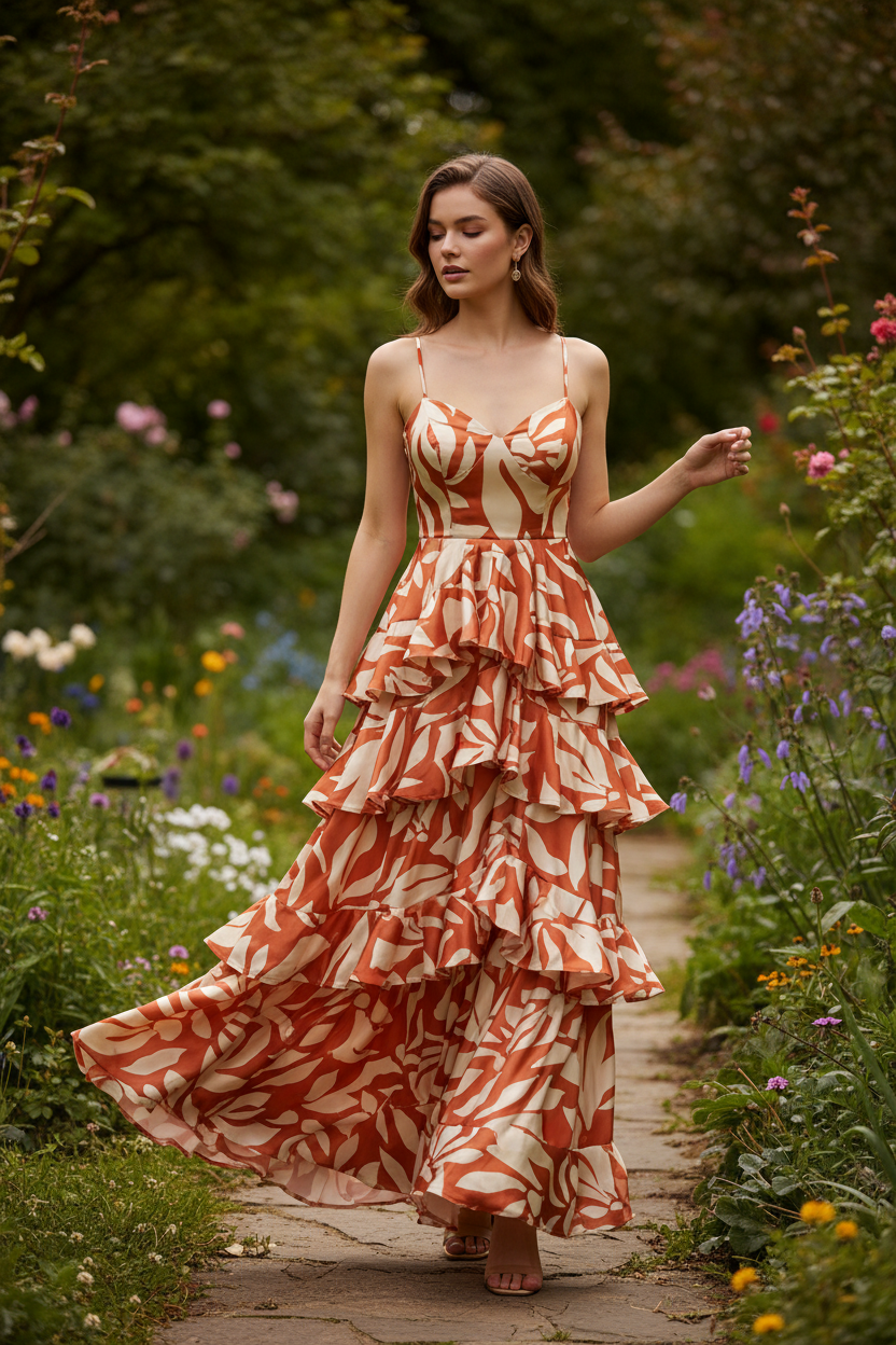 Ruffle-tiered sweetheart maxi dress in two-toned leaves faux silk satin charmeuse