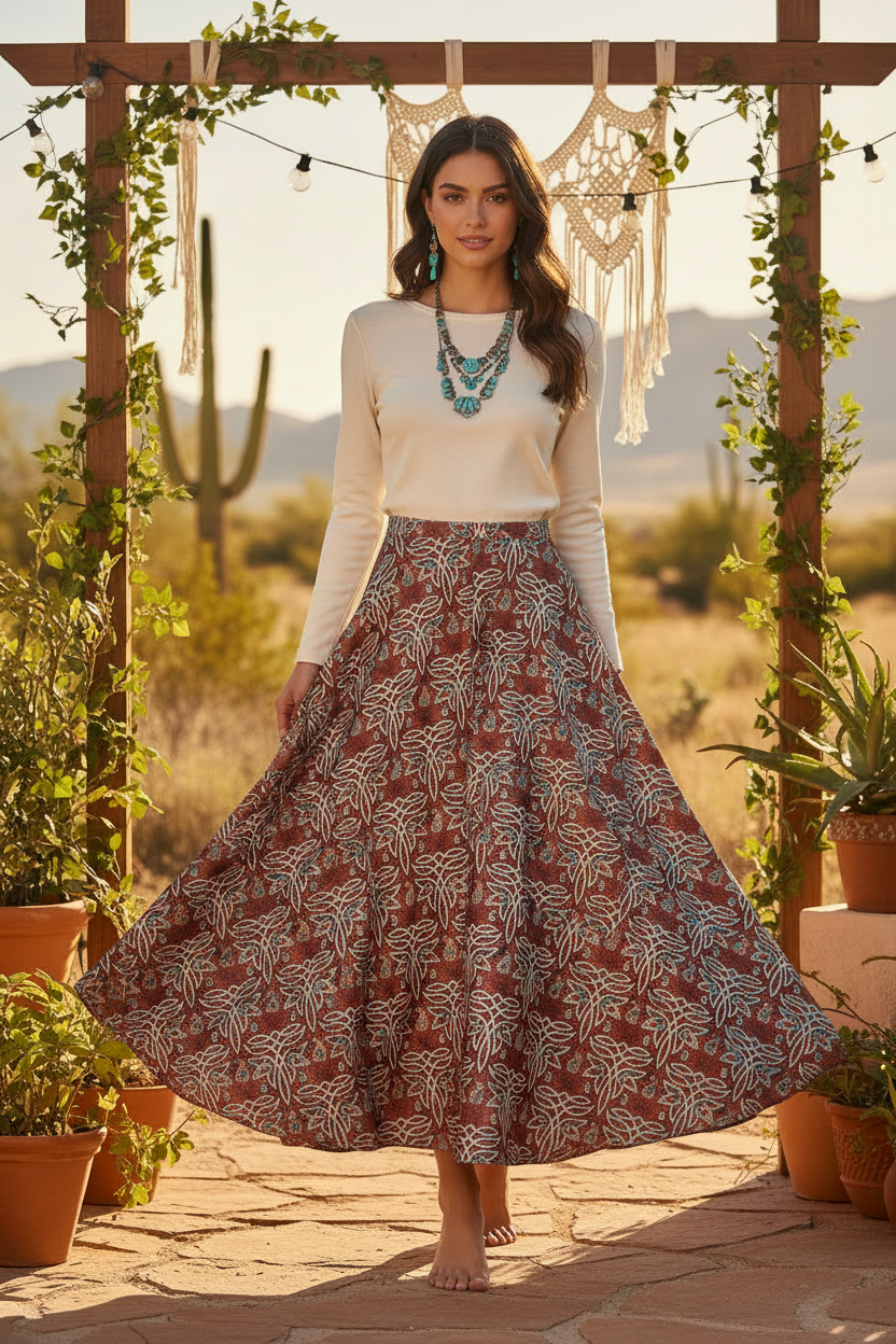 Brunette model wearing bohemian skirt made from leather boot stitching satin charmeuse fabric with ivory top and turquoise jewelry