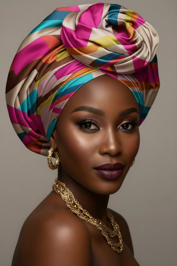 African model wearing a rose-fold head wrap in colorful geometric print faux silk charmeuse satin with gold jewelry