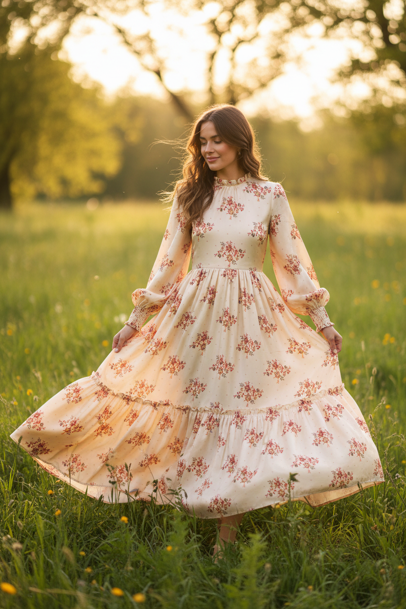 Flowy Dress Outdoors - Off-White Rusty Orange Floral & Dots