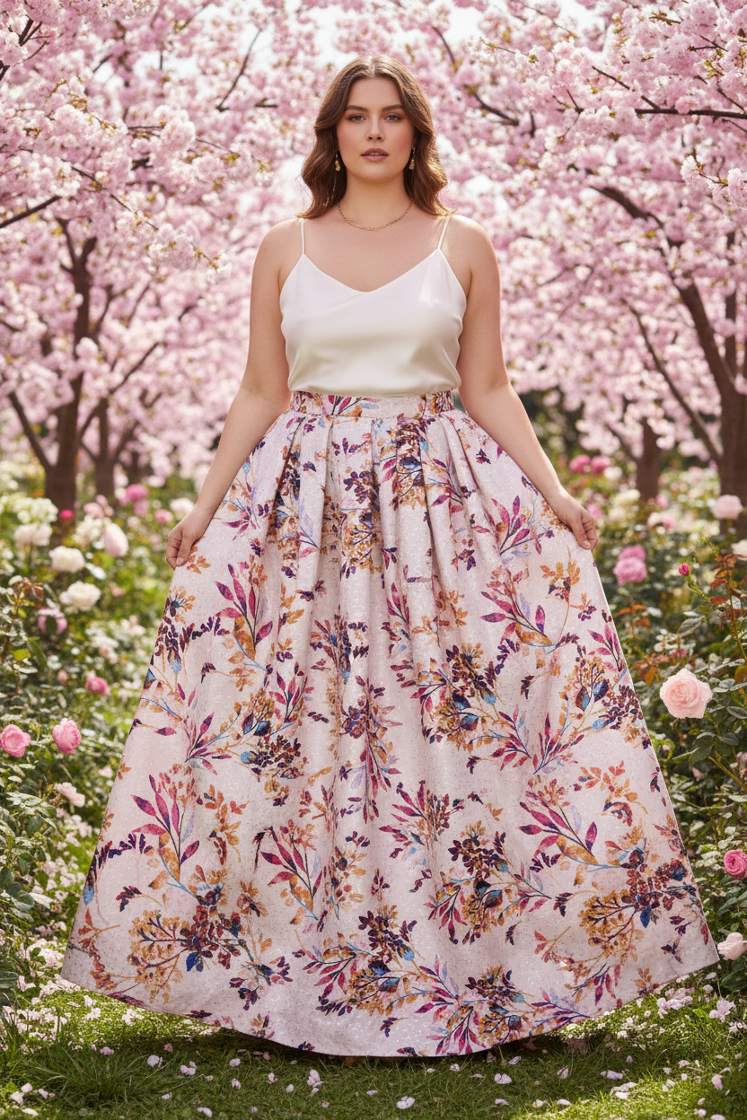 Full length flowy maxi skirt in off-white floral jacquard satin on a plus size model in a spring outdoor setting