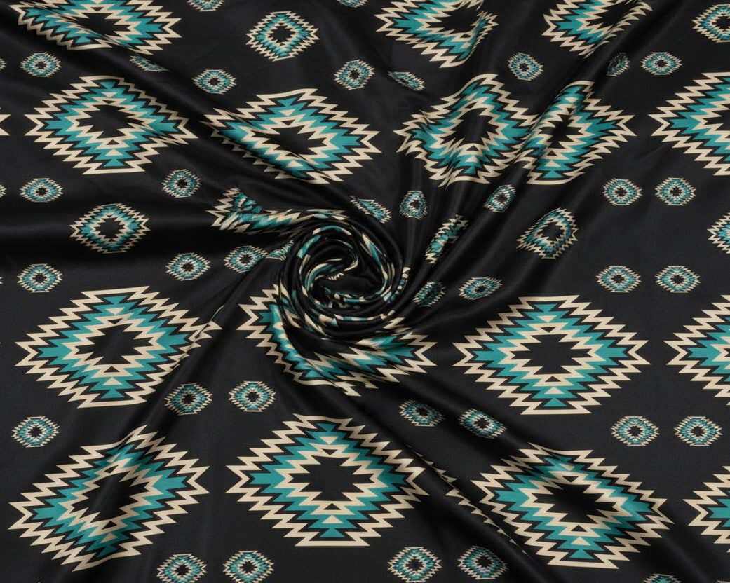 Wide shot of Western Black and Teal Tribal print satin charmeuse fabric with dramatic swirl in center