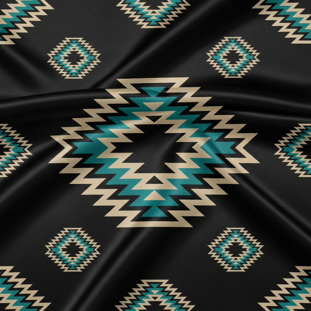 Macro detail close-up of Western Black and Teal Tribal print satin charmeuse fabric showing print and satin sheen