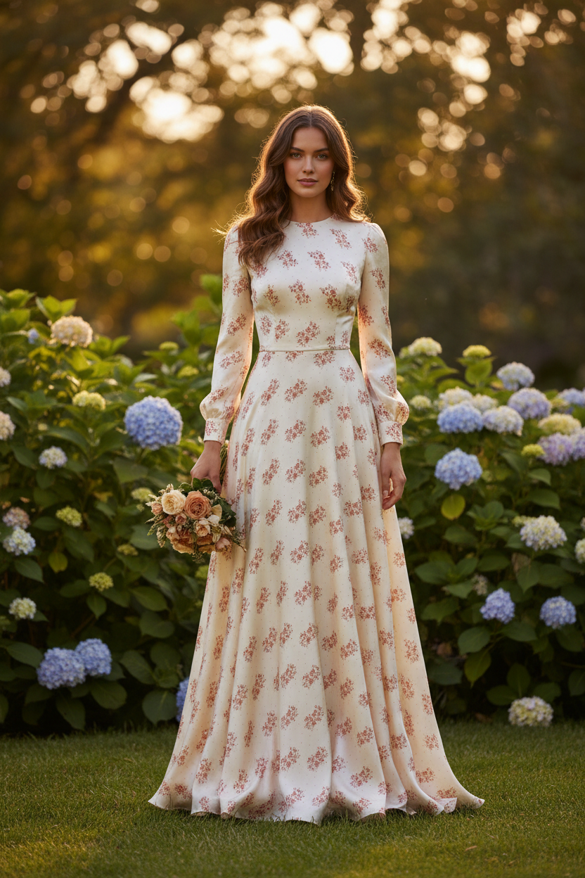 Formal Dress Outdoors - Off-White Rusty Orange Floral & Dots