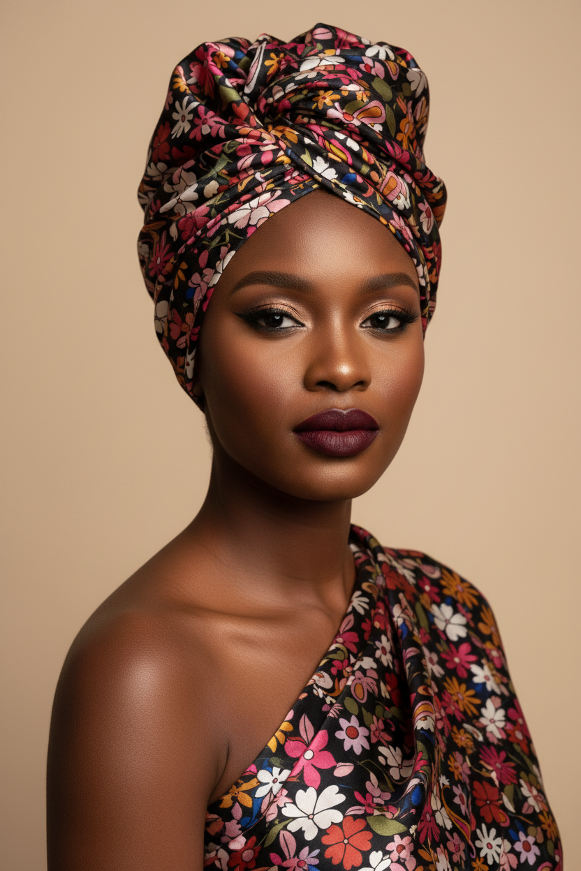 African model wearing a black and pink multicolor paisley floral charmeuse satin wrap turban scarf