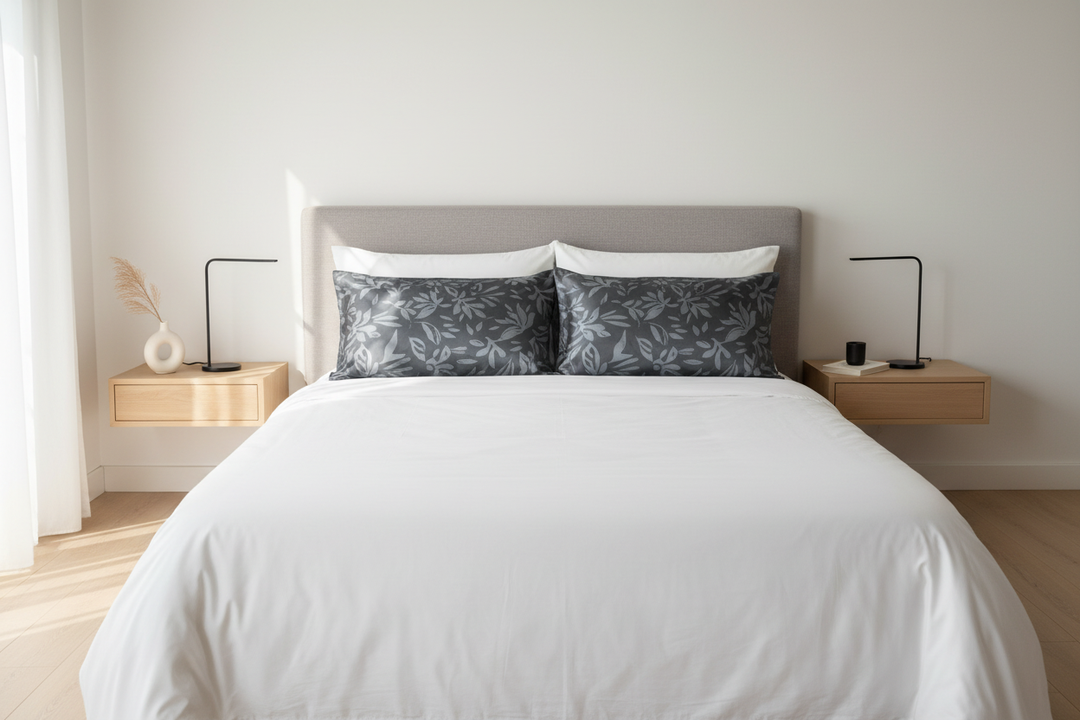 Simple modern bedroom with dark leaves two-toned print faux silk charmeuse satin pillowcases on a neatly made bed