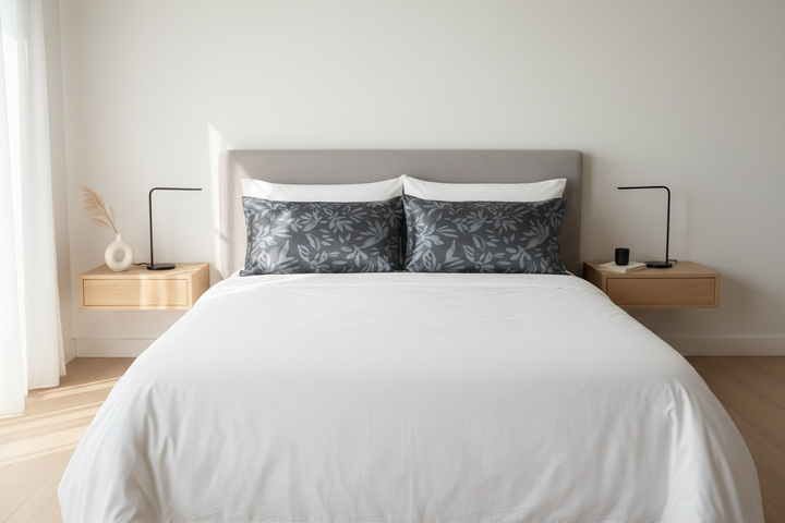 Simple modern bedroom with dark leaves two-toned print faux silk charmeuse satin pillowcases on a neatly made bed