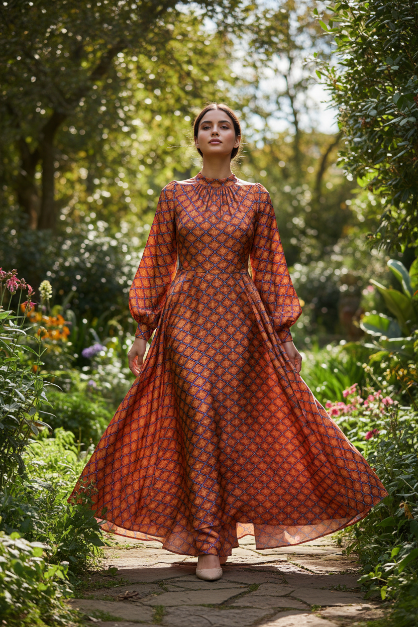 Flowing dress made from lightweight satin fabric with diamond tile print in an outdoor setting