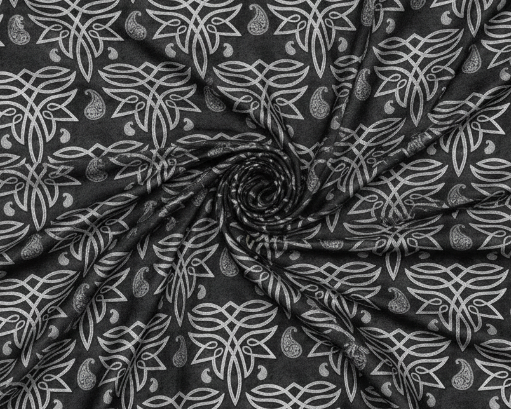Close up flat lay swirl of dark Celtic paisley satin charmeuse fabric