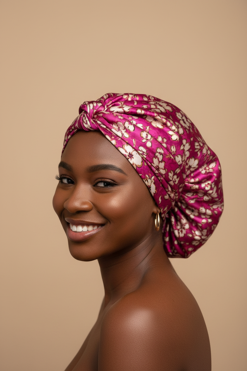 Young African American woman wearing a satin ichafu-style bonnet made from raspberry floral print charmeuse satin fabric