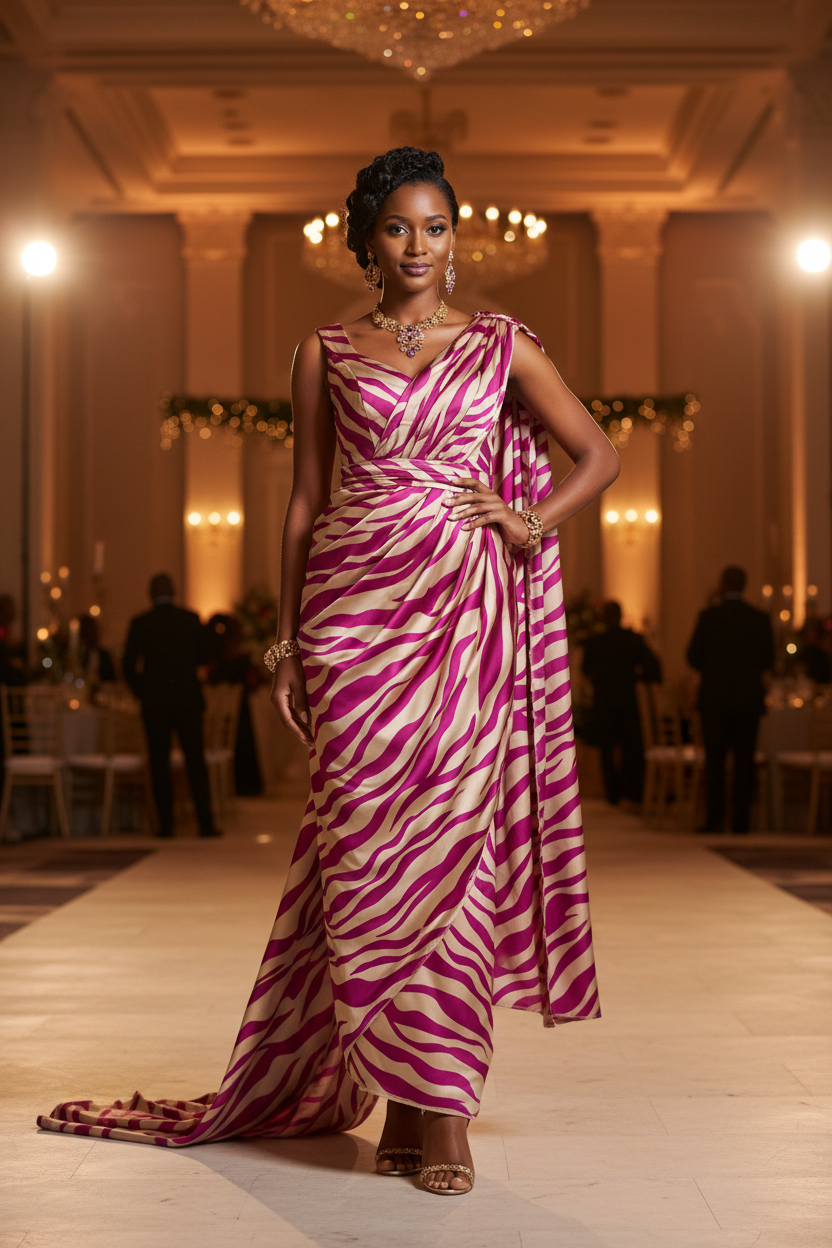 African model wearing a Rwandan Mushanana dress in animal print faux silk charmeuse satin