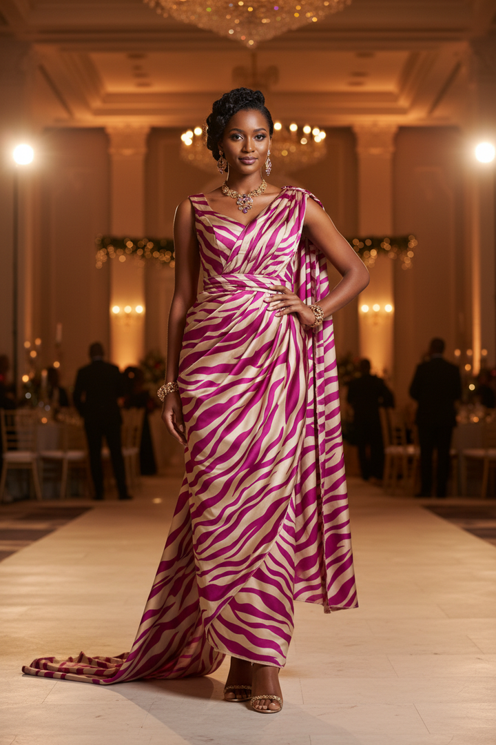 African model wearing a Rwandan Mushanana dress in animal print faux silk charmeuse satin