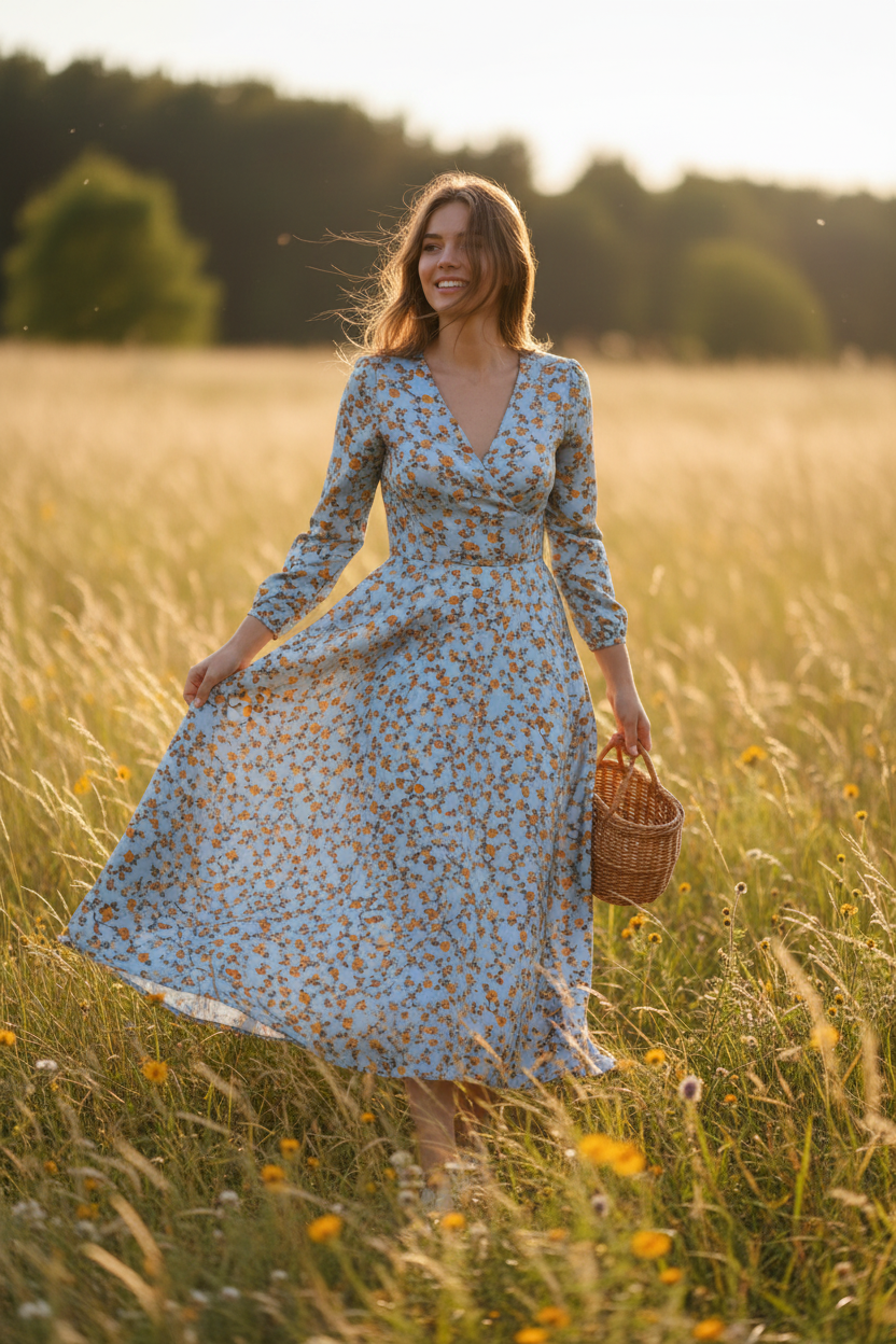 Flowy Dress Outdoors - Light Blue Rust and Mustard Dainty Floral