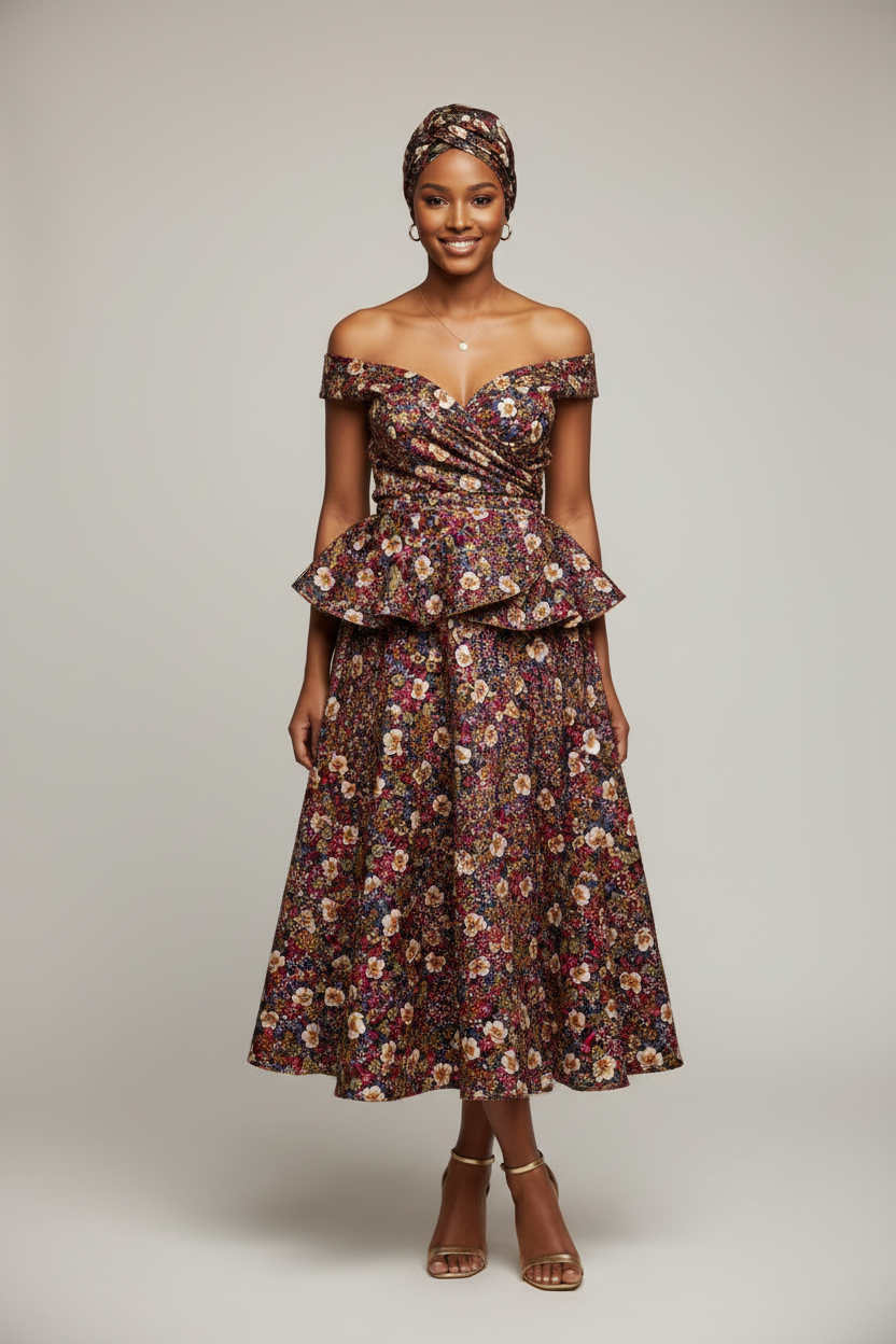 Young African woman wearing an African-style off-shoulder peplum dress made from black and ivory floral charmeuse satin fabric