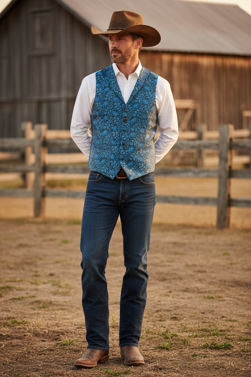 Male model wearing a tailored western vest made from black and blue paisley print silky satin charmeuse fabric