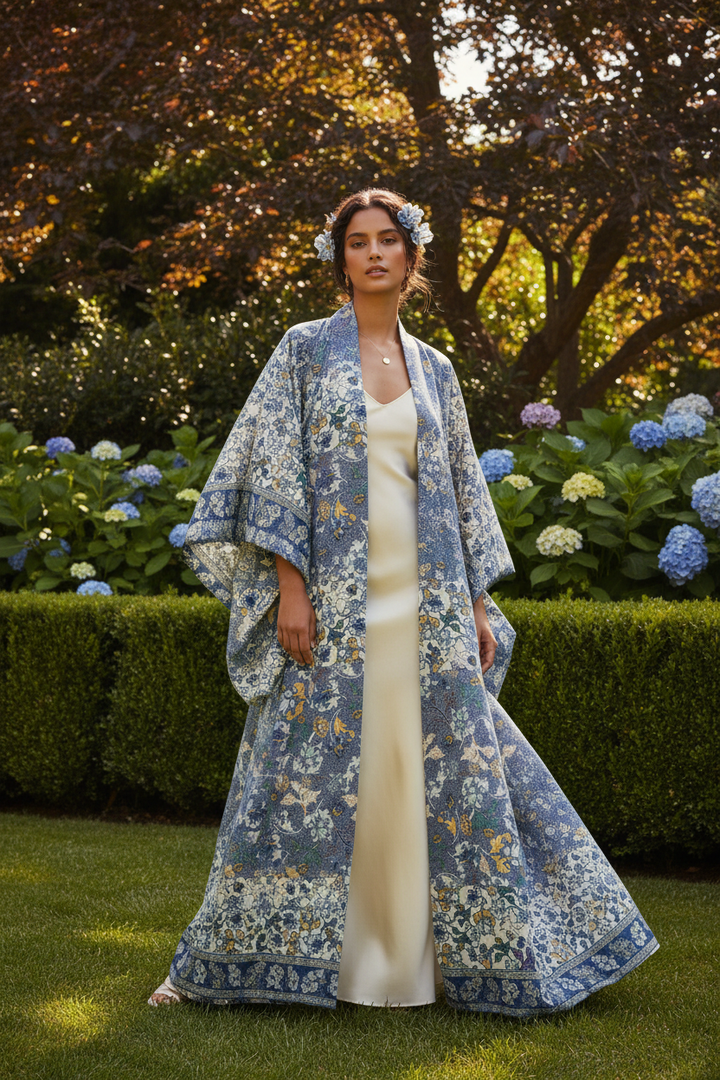 Modern kimono dress in blue botanical floral print fabric