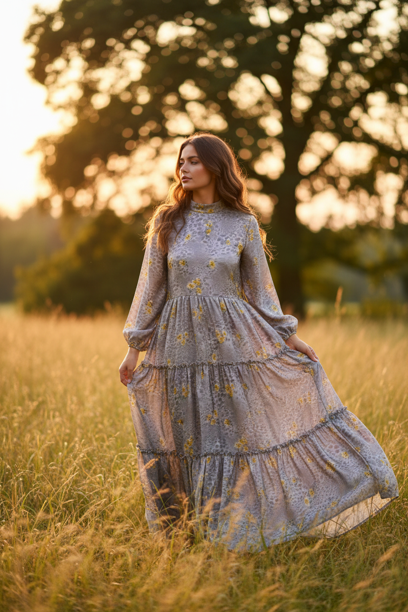 Flowy Dress Outdoors - Gray Animal & Yellow Floral