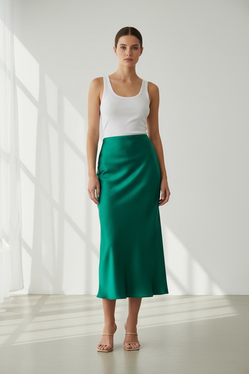 Satin slip skirt made from Lucky Green lightweight satin fabric