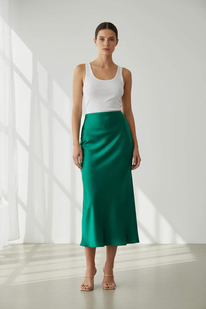 Satin slip skirt made from Lucky Green lightweight satin fabric