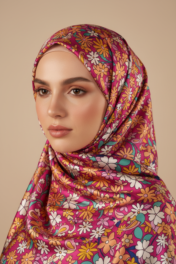 Model wearing an elegant pink paisley floral charmeuse satin hijab head covering