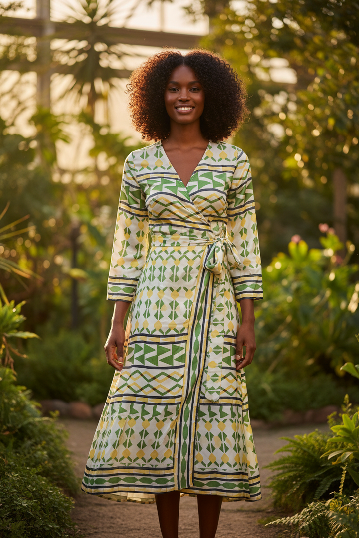 Summer wrap dress made from green geometric double border satin fabric, worn by an African American model in an outdoor setting
