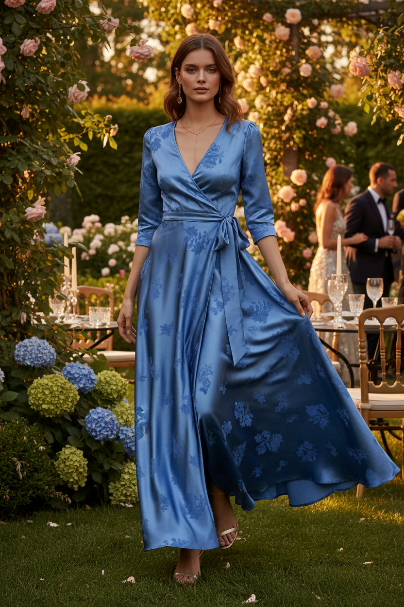 Elegant wrap dress in denim blue floral jacquard satin fabric styled in a fancy outdoor garden setting