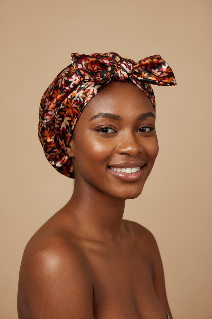 Young African American woman wearing a satin hair bonnet made from black and orange nature floral charmeuse satin fabric
